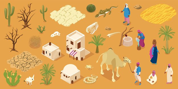 A paisagem do deserto árabe com tijolos de lama tradicionais abriga pessoas flora e fauna ilustração vetorial de fundo horizontal isométrico