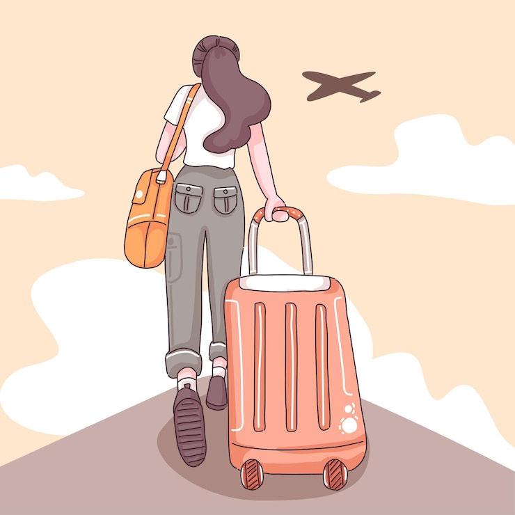Vetor grátis a parte de trás do cabelo comprido de uma turista feminina arrastando uma mala, avião e nuvem no céu em personagem de desenho animado, ilustração plana