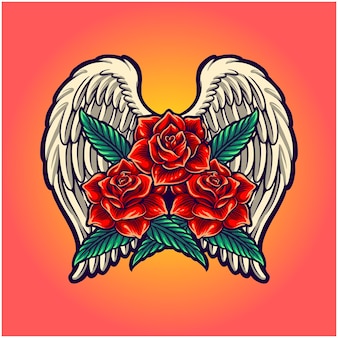 A rosa vermelha floresce com asas de anjo ilustrações vetoriais para o seu trabalho logo, t-shirt de mercadoria mascote, adesivos e designs de etiquetas, pôster, cartões de saudação empresa de negócios de publicidade ou marcas.