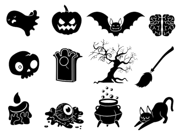 A sombra coleção de ícone de silhuetas de halloween e characte. o site do festival de halloween. ilustração de clipart em vetor isolada em um fundo branco