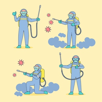 A unidade médica, vestindo roupas resistentes a germes, pulverizou um desinfetante para o coronavírus em face de uma grande epidemia. ilustração plana