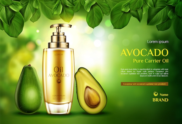 Abacate de óleo de cosméticos. garrafa de produto orgânico com bomba em verde turva com folhas de árvore.