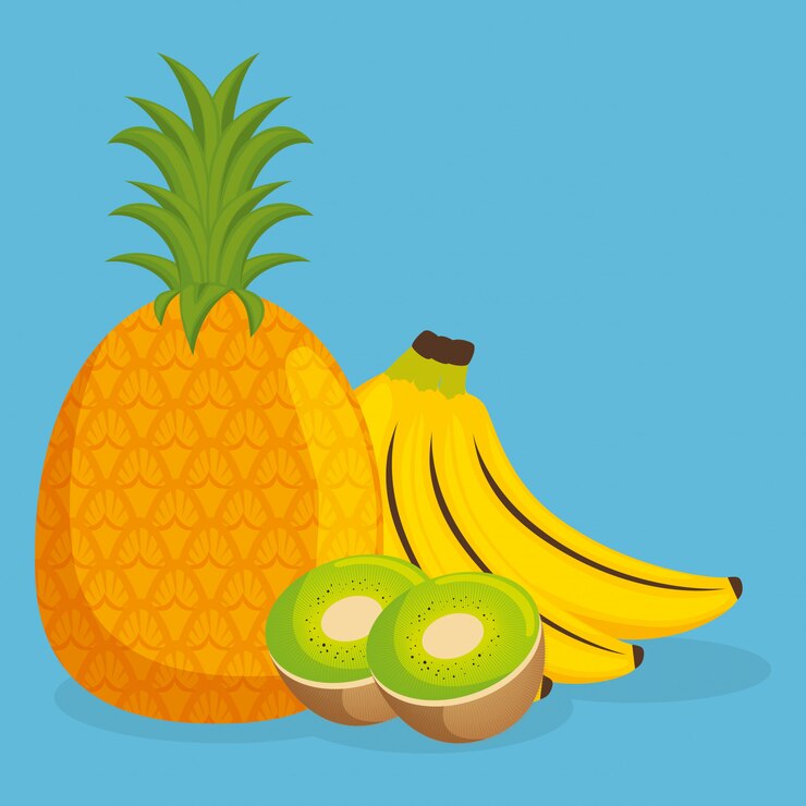Vetor grátis abacaxi fresco e kiwi com alimentos saudáveis de frutas de banana