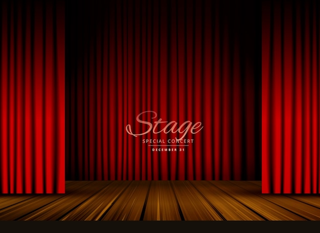 Aberto cortinas vermelhas palco teatro ou ópera fundo com piso de madeira
