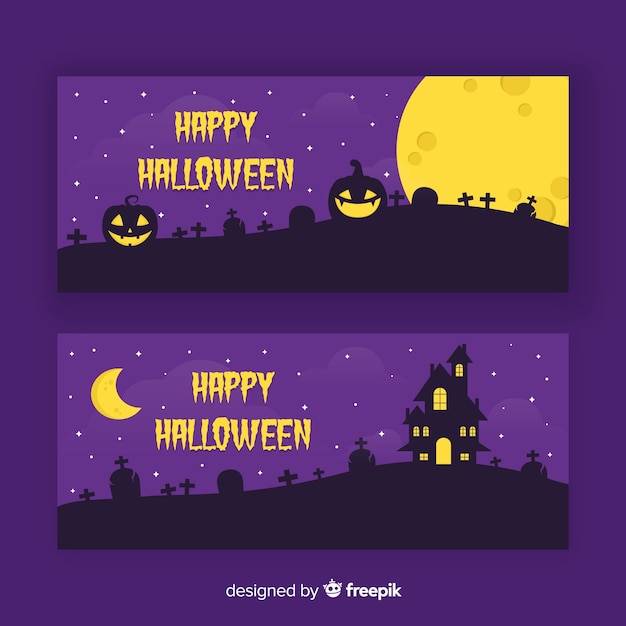 Abóboras curvadas em banners de halloween plana à noite