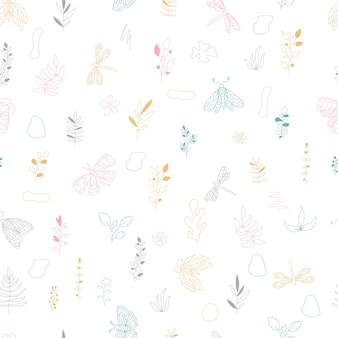 Abstrata sem costura padrão com formas, galho, mariposas e libélulas. cor pastel clara. ilustração em vetor fundo branco.