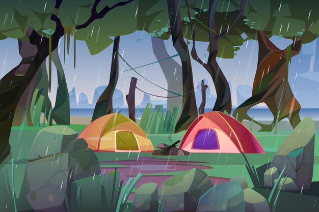 Acampamento de verão com barracas na floresta com tempo chuvoso