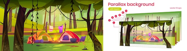 Acampamento de verão paralaxe com tendas de acampamento, fogueira e coisas turísticas na floresta, paisagem de natureza 2d cenário. cena de animação de desenho animado com camadas separadas para jogo, ilustração vetorial