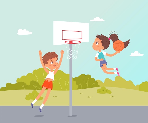 Jogo de futebol da escola. crianças jogando futebol. escadas atléticas,  jogo de salão da escola, ilustração vetorial de área de basquete e futebol