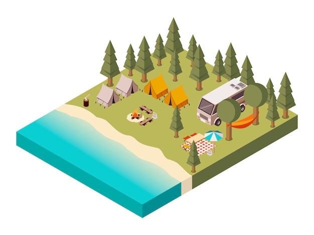 Vetor grátis acampamento, perto, lago, isometric, ilustração