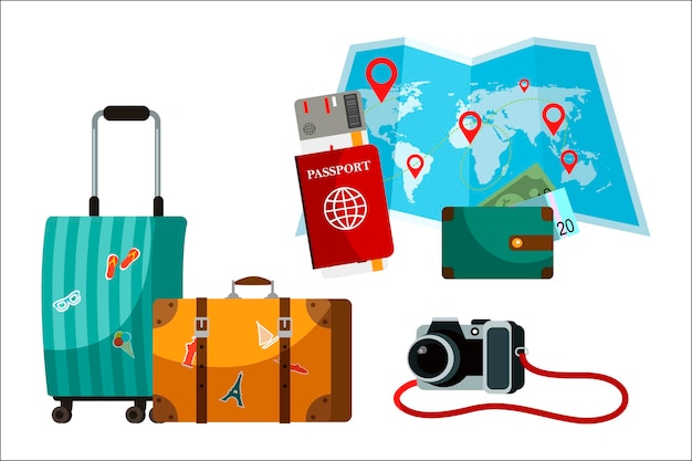Acessório turístico e conjunto de atributos, mala de papel, mapa do mundo, passaporte, bolsa, câmera