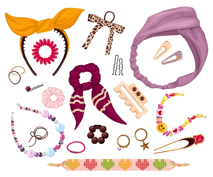Vetor grátis acessórios da moda e itens de decoração para pessoas do sexo feminino, como pulseiras e alfinetes de cabelo isolados ilustração vetorial