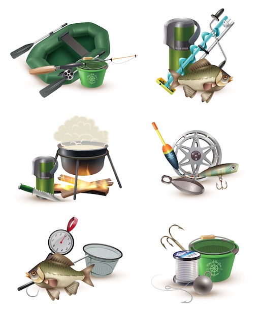 Vetor grátis acessórios de artes de pesca 6 icons set