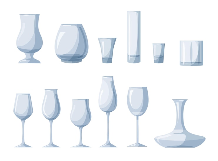 Vetor grátis acessórios de copos vazios para vinho cerveja martini champanhe conjunto de degustação copos e taças bebidas copo canecas reservatório copo decanter