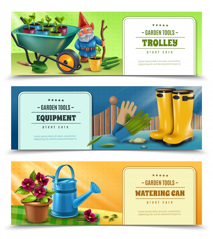 Vetor grátis acessórios de equipamento de ferramentas de jardineiro 3 banners coloridos horizontais com regador de carrinho de mão wellingtons