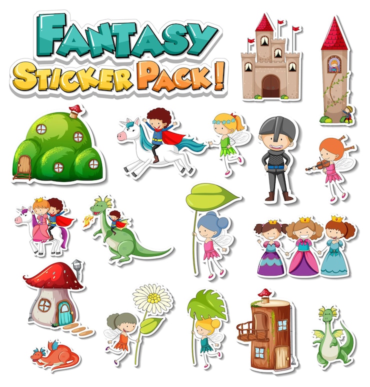 Vetor grátis adesivo com diferentes personagens de desenhos animados de fantasia