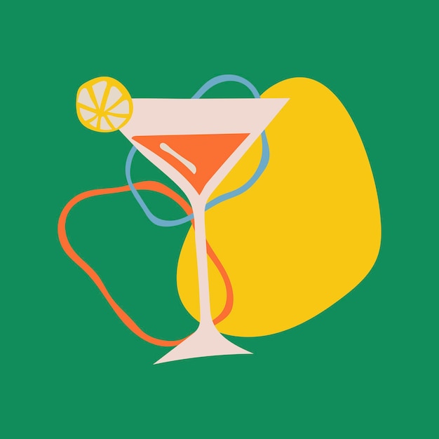 Adesivo de comida de martini, ilustração de doodle fofa em vetor de design retro