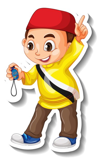 Adesivo de desenho animado de menino muçulmano vestindo camisa brunei
