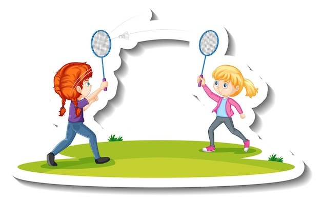 Vetor grátis adesivo de duas garotas jogando badminton com personagem de desenho animado