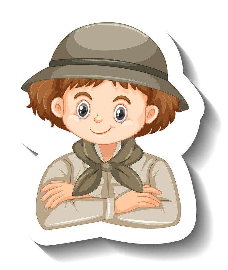 Vetor grátis adesivo de garota vestindo roupa de safári com personagem de desenho animado