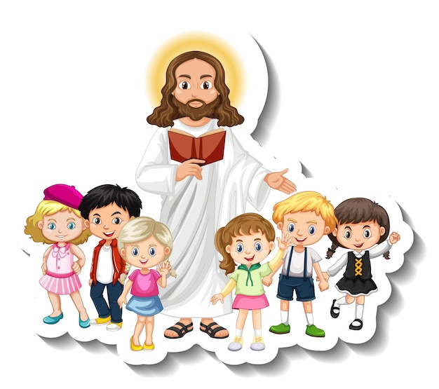 Vetor grátis adesivo de jesus cristo com grupo de crianças em fundo branco