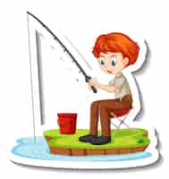 Vetor grátis adesivo de jovem pescador pescando personagem de desenho animado