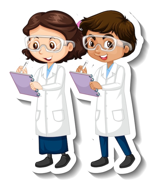 Adesivo de personagem de desenho animado com casal de cientistas em vestido de ciências