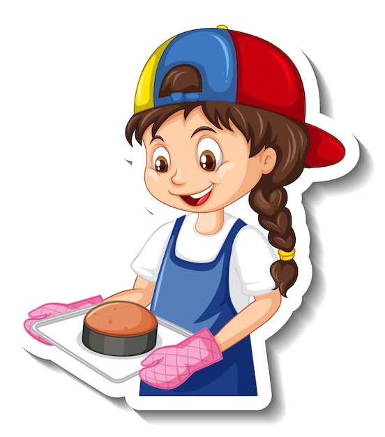 Adesivo de personagem de desenho animado com chef garota segurando uma bandeja de assados