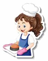 Vetor grátis adesivo de personagem de desenho animado com chef garota segurando uma bandeja de assados