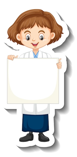 Vetor grátis adesivo de personagem de desenho animado com garota cientista segurando o tabuleiro vazio