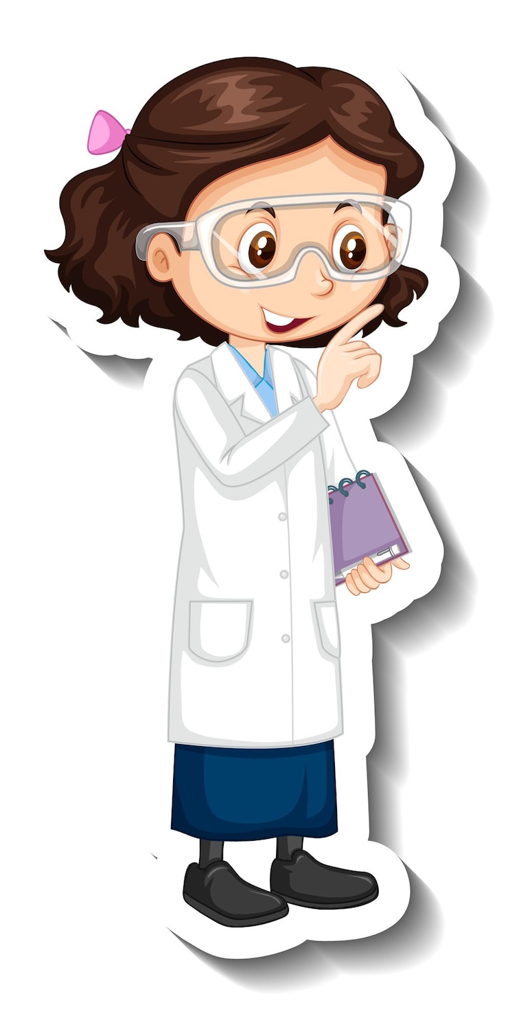 Vetor grátis adesivo de personagem de desenho animado com uma garota em um vestido de ciências
