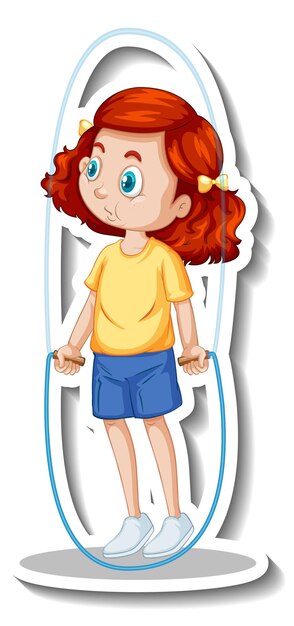 Adesivo de personagem de desenho animado com uma garota pulando corda