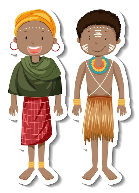 Vetor grátis adesivo de personagem de desenho animado de casal tribal africano