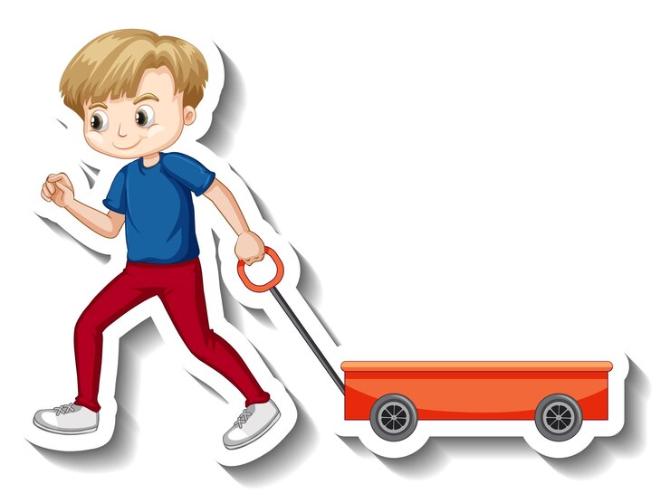 Vetor grátis adesivo de personagem de desenho animado de menino puxando carroça