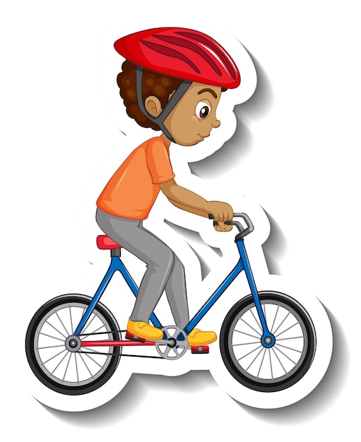 Vetor grátis adesivo de personagem de desenho animado de um menino andando de bicicleta