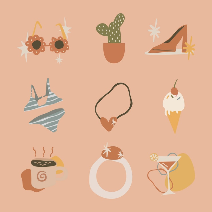 Vetor grátis adesivo feminino fofo, ilustração de doodle em conjunto de vetores de tom de terra