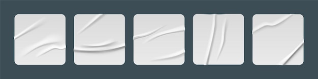 Adesivos colados brancos maquete de remendos de papel amassado rótulos encolhidos em branco de formas quadradas com cantos arredondados emblemas enrugados com bordas curvas botões de elementos de interface do usuário ou gui conjunto de vetor 3d realista