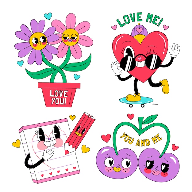 Vetor grátis adesivos de amor estilo desenho animado