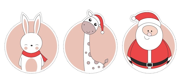 Adesivos de natal, coelho, girafa e papai noel