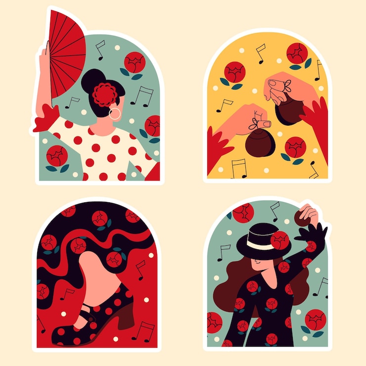 Vetor grátis adesivos ingênuos de dançarinos de flamenco
