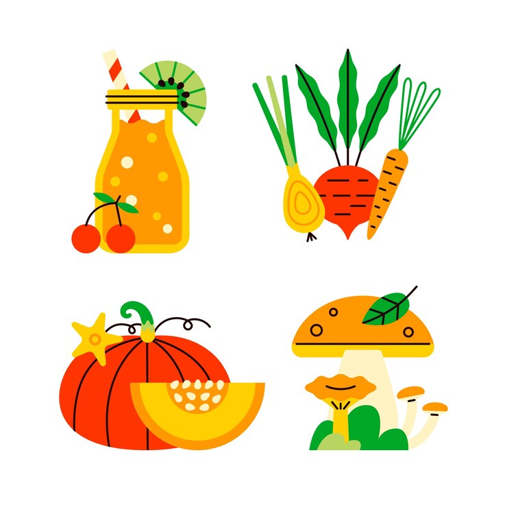 Adesivos planos de comida saudável