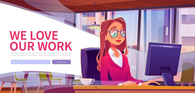 Adoramos nossa mulher de banner da web de trabalho trabalhando no pouso