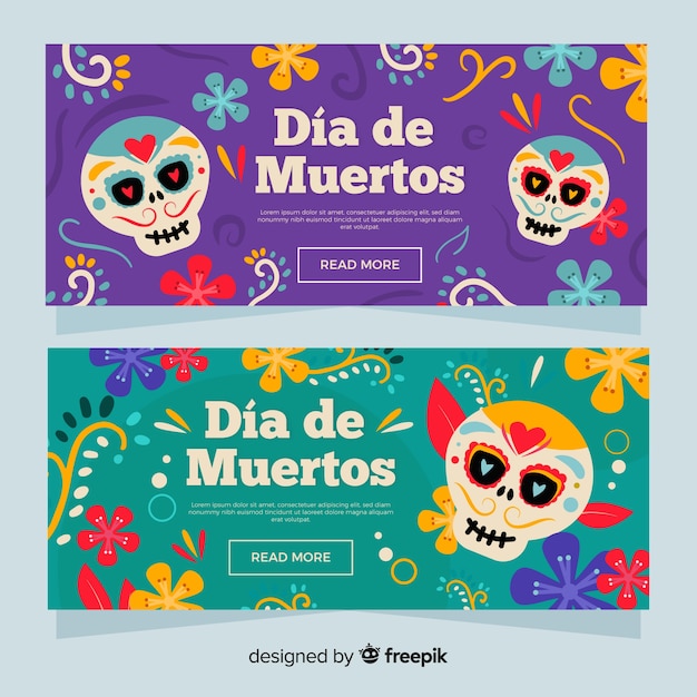 Adoráveis ​​banners de día de muertos com design plano