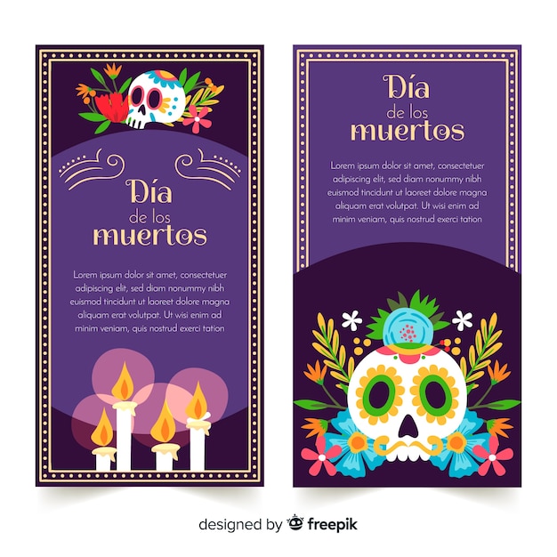 Vetor grátis adoráveis ​​banners de día de muertos com design plano