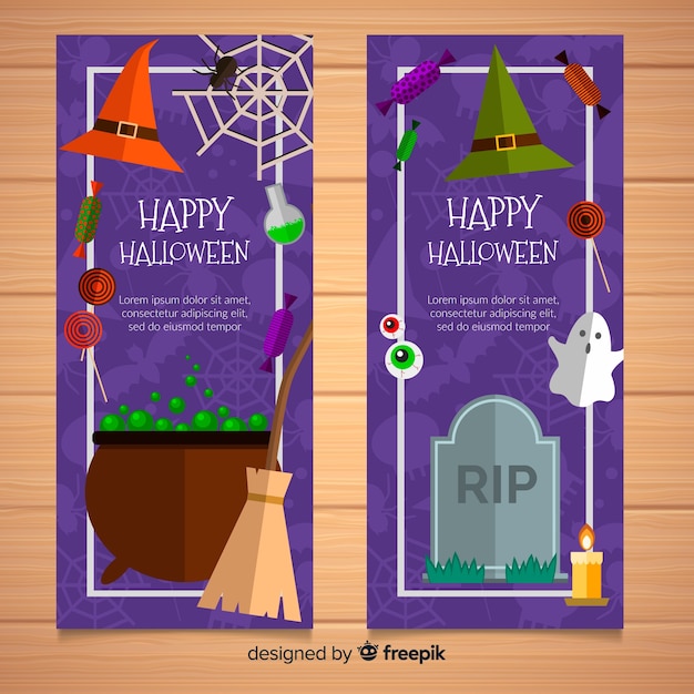 Vetor grátis adoráveis ​​banners de halloween com design plano