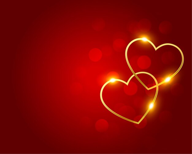 Adoráveis corações dourados em fundo vermelho bokeh
