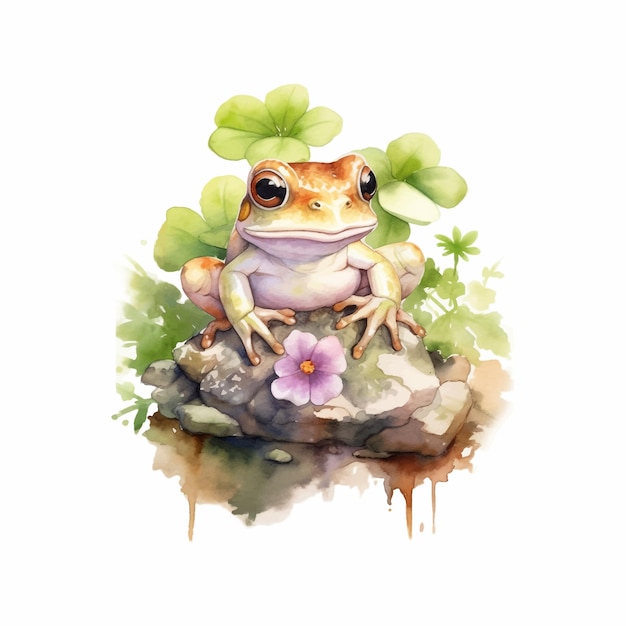 Vetor grátis adorável bebê sapo com ilustração em aquarela de flores para crianças aprendendo