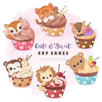 Adorável cupcake com ilustração de animais