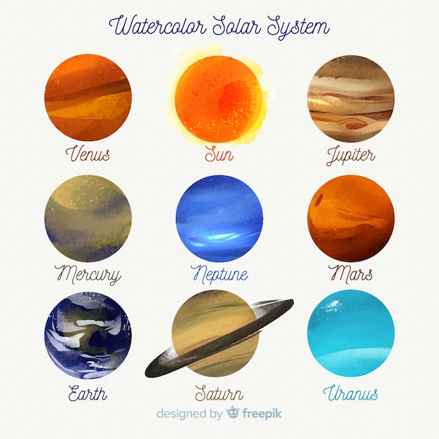 Vetor grátis adorável sistema solar em aquarela
