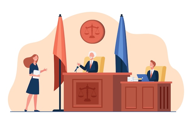 Advogada em frente ao juiz e falando ilustração plana isolada.
